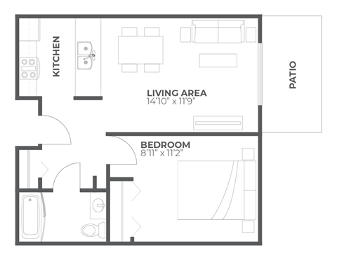 Floor plan for 1 bed, 1 bath, 566 sqft